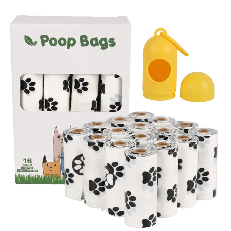 White Dog Poop Bag with Dispenser Paw Print Eco EPI Pet Waste Bag Holder Poop Bags