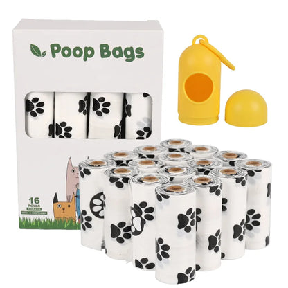 White Dog Poop Bag with Dispenser Paw Print Eco EPI Pet Waste Bag Holder Poop Bags